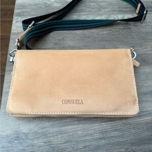 Consuela Natural Leather small Crossbody with Green-Blue Striped Strap